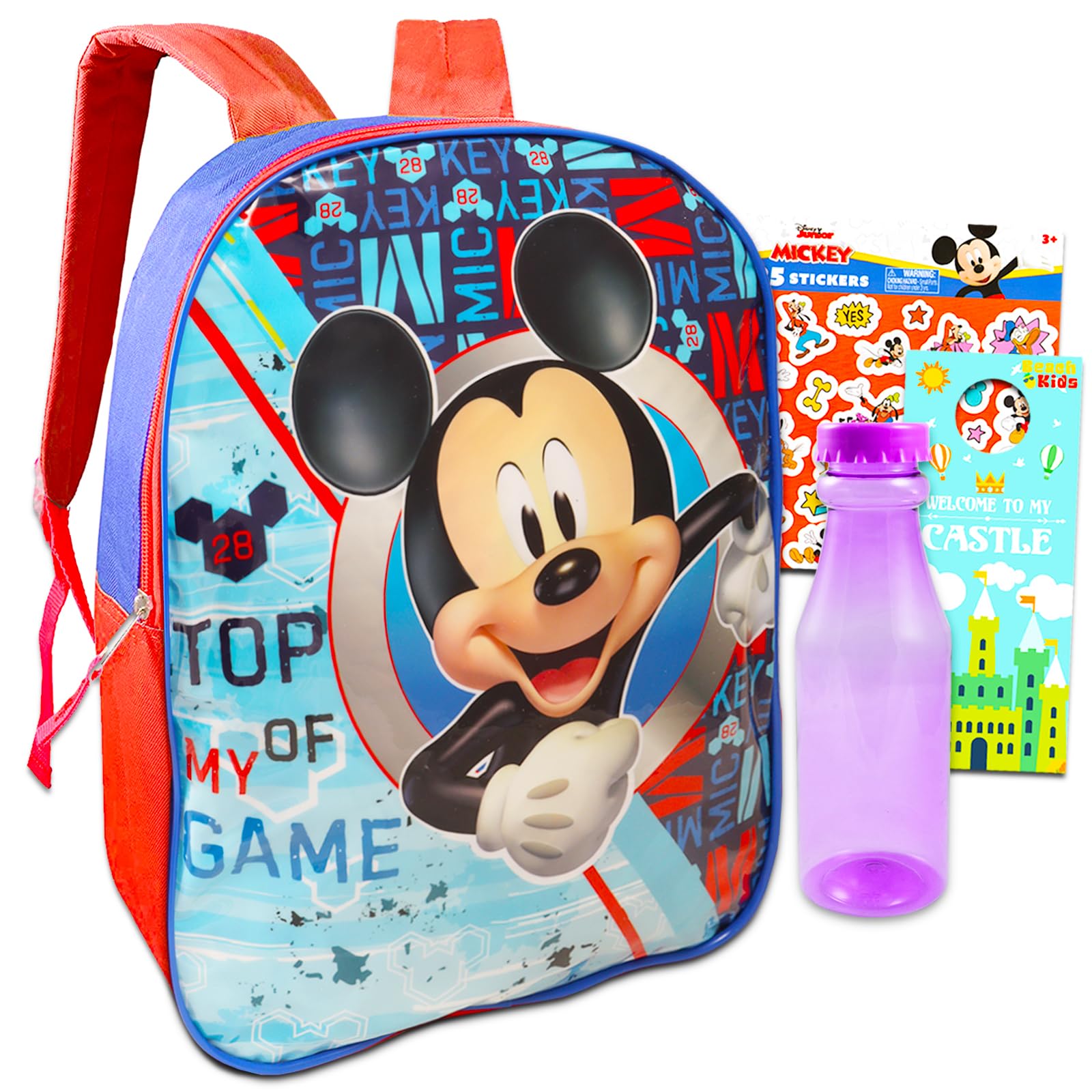 Beach Kids Mickey Mouse Backpack for Boys 8-12 - 16 Inch Mickey Mouse Backpack for Boys Bundle with Water Bottle, More | Mickey Mouse School Backpack for Boys