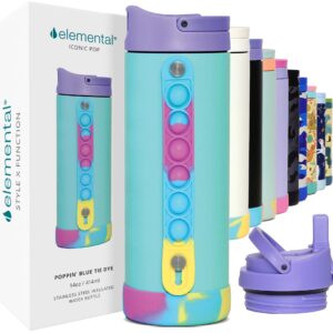 Elemental Iconic Kids Water Bottle with Straw Lid & Stress Relief Pop It Handle, Leak-Proof When Closed, Triple Insulated Kids Stainless Steel Water Bottle For Girls and Boys, 14oz - Blue Tie Dye