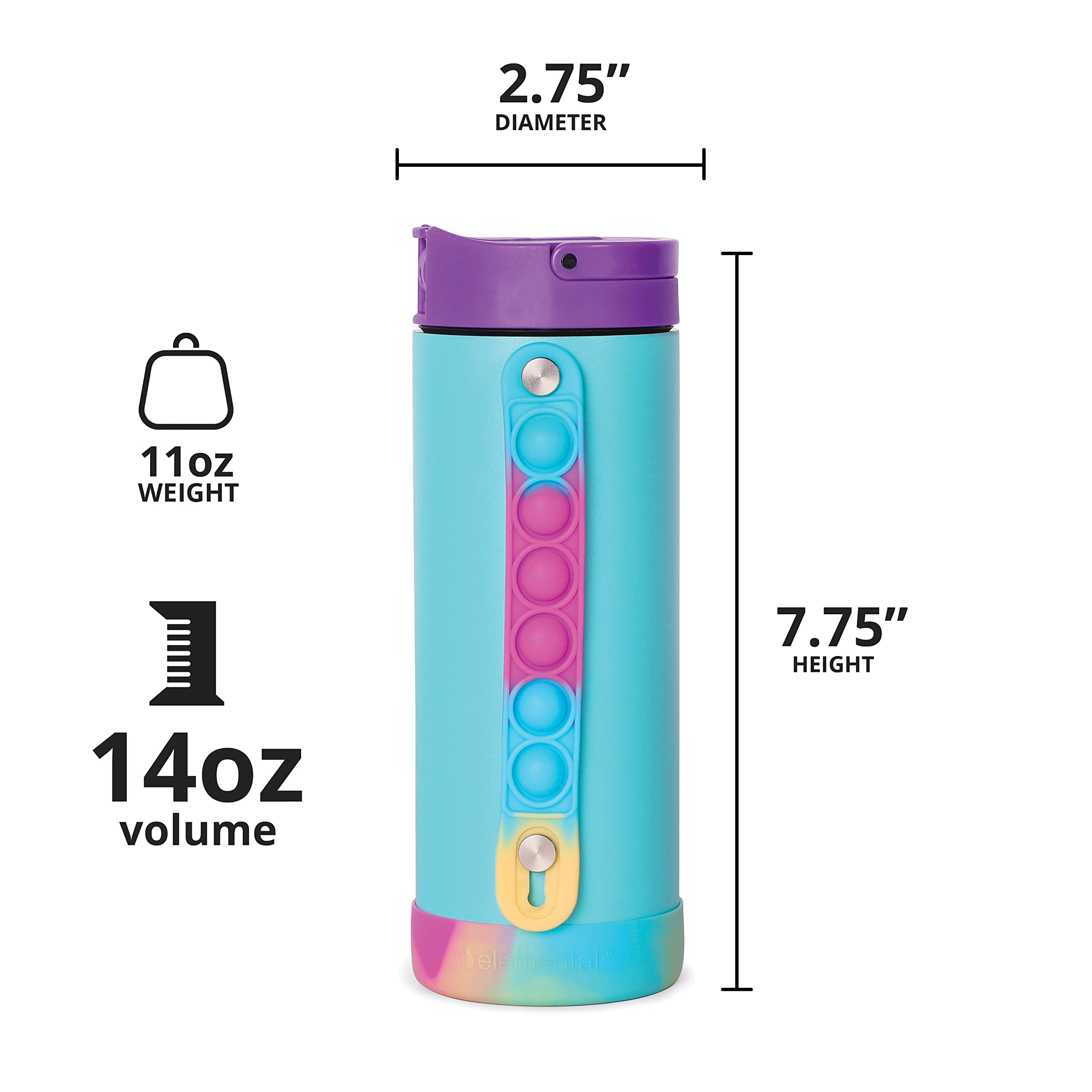 Elemental Iconic Kids Water Bottle with Straw Lid & Stress Relief Pop It Handle, Leak-Proof When Closed, Triple Insulated Kids Stainless Steel Water Bottle For Girls and Boys, 14oz - Blue Tie Dye