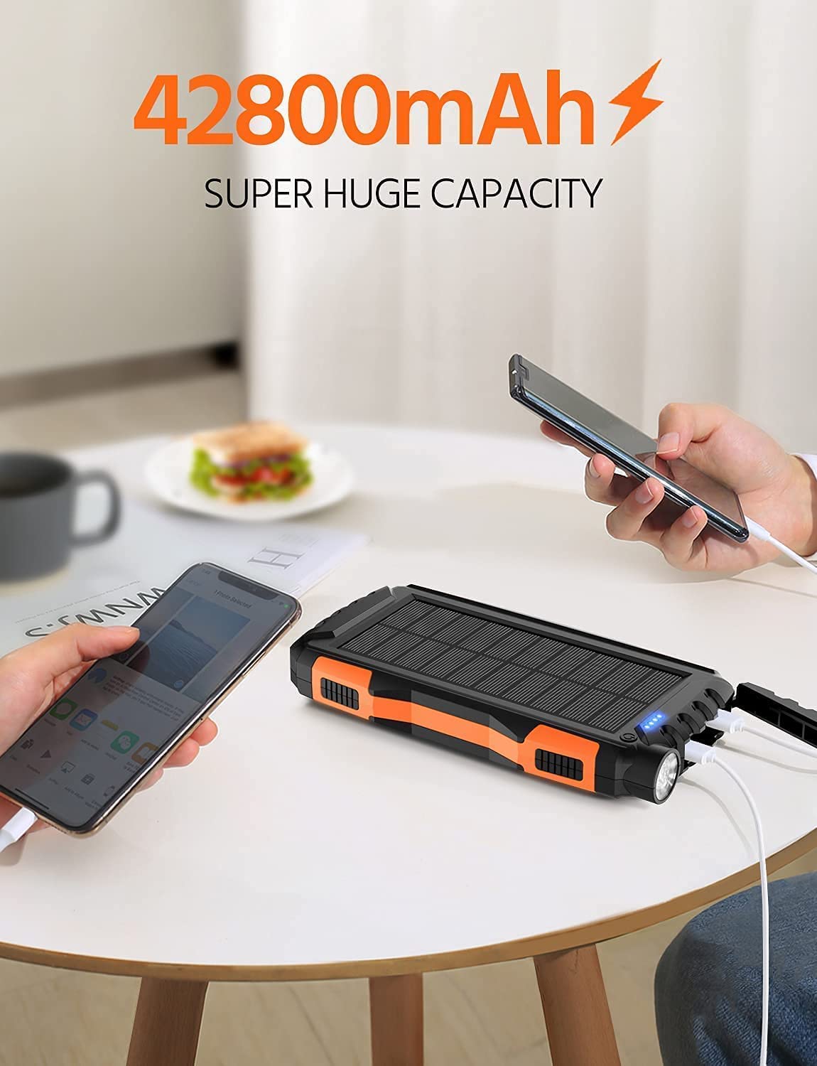 Solar Charger, Power Bank, 42800mAh Portable Charger Power Bank External Battery Pack 5V3.1A Qc 3.0 Fast Charger Built-in Super Bright Flashlight (Deep Orange)