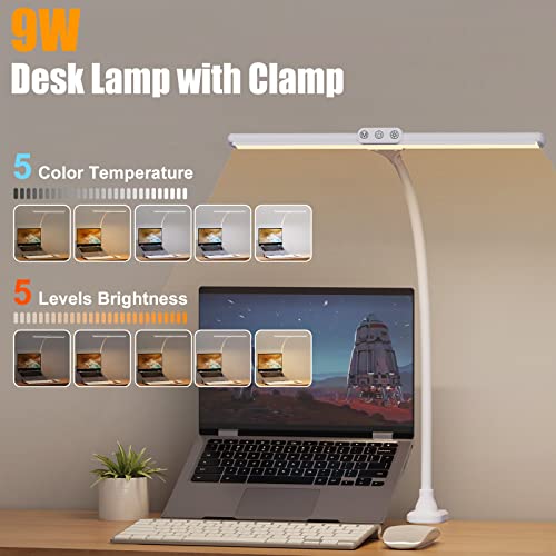 LED Desk Lamp with Clamp, Tall Desk Light with Gooseneck, Office Lighting for Desk, Task Lamp Touch Control, 9W Study Lamp for Home Office (White)