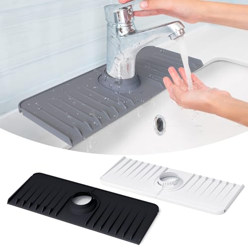 Sink Splash Guard Silicone Faucet Mat for Kitchen Sink Foldable Sink Mat Behind Faucet, TEMASH Faucet Handle Drip Catcher Tray Drain Drying Pad Countertop Protector for Kitchen Bathroom Bar RV(Grey)