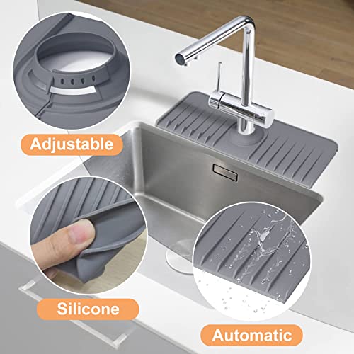 Sink Splash Guard Silicone Faucet Mat for Kitchen Sink Foldable Sink Mat Behind Faucet, TEMASH Faucet Handle Drip Catcher Tray Drain Drying Pad Countertop Protector for Kitchen Bathroom Bar RV(Grey)