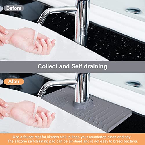 Sink Splash Guard Silicone Faucet Mat for Kitchen Sink Foldable Sink Mat Behind Faucet, TEMASH Faucet Handle Drip Catcher Tray Drain Drying Pad Countertop Protector for Kitchen Bathroom Bar RV(Grey)