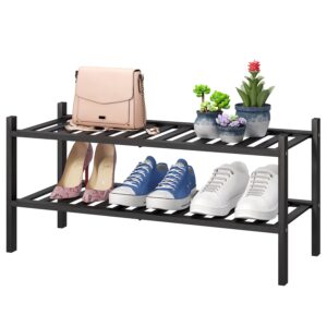 2-tier black bamboo shoe rack for entryway, stackable | foldable | natural, shoe shelf storage organizer for hallway closet, free standing shoe racks for indoor outdoor