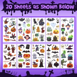 20 Sheets Halloween Temporary Tattoos for Kids, Waterproof Fake Tattoos Stickers, Halloween Activities for Kids, Halloween Parties Favors Decorations Gift Supplies for Toddlers, Children, Boys and