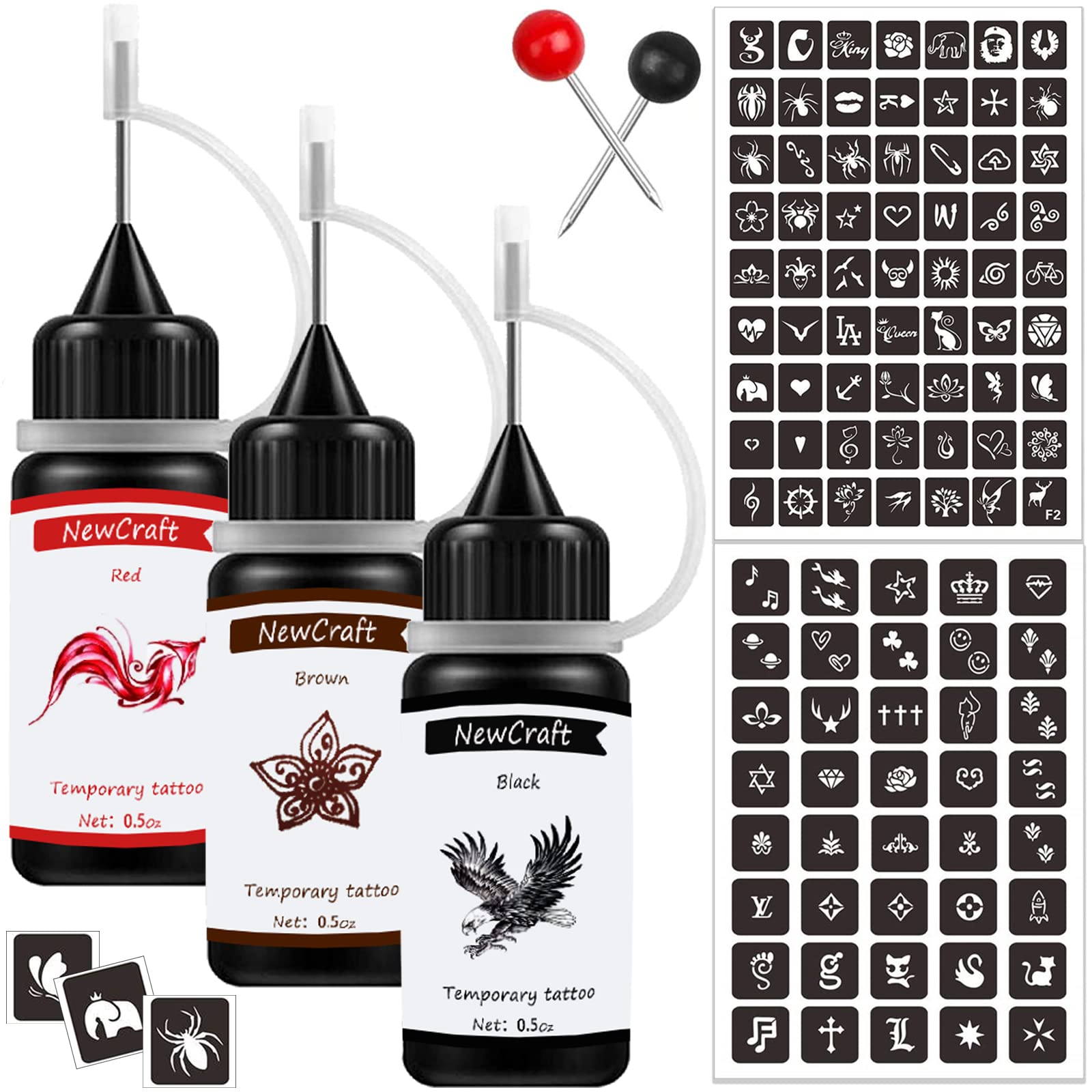 Temporary Art Painting Kit Semi Permanent Tattoo Ink Freehand Gel 103 Pcs Free Stencils, DIY Fake Freckles, Full Kit 3 Bottles (Black+Red+Brown)