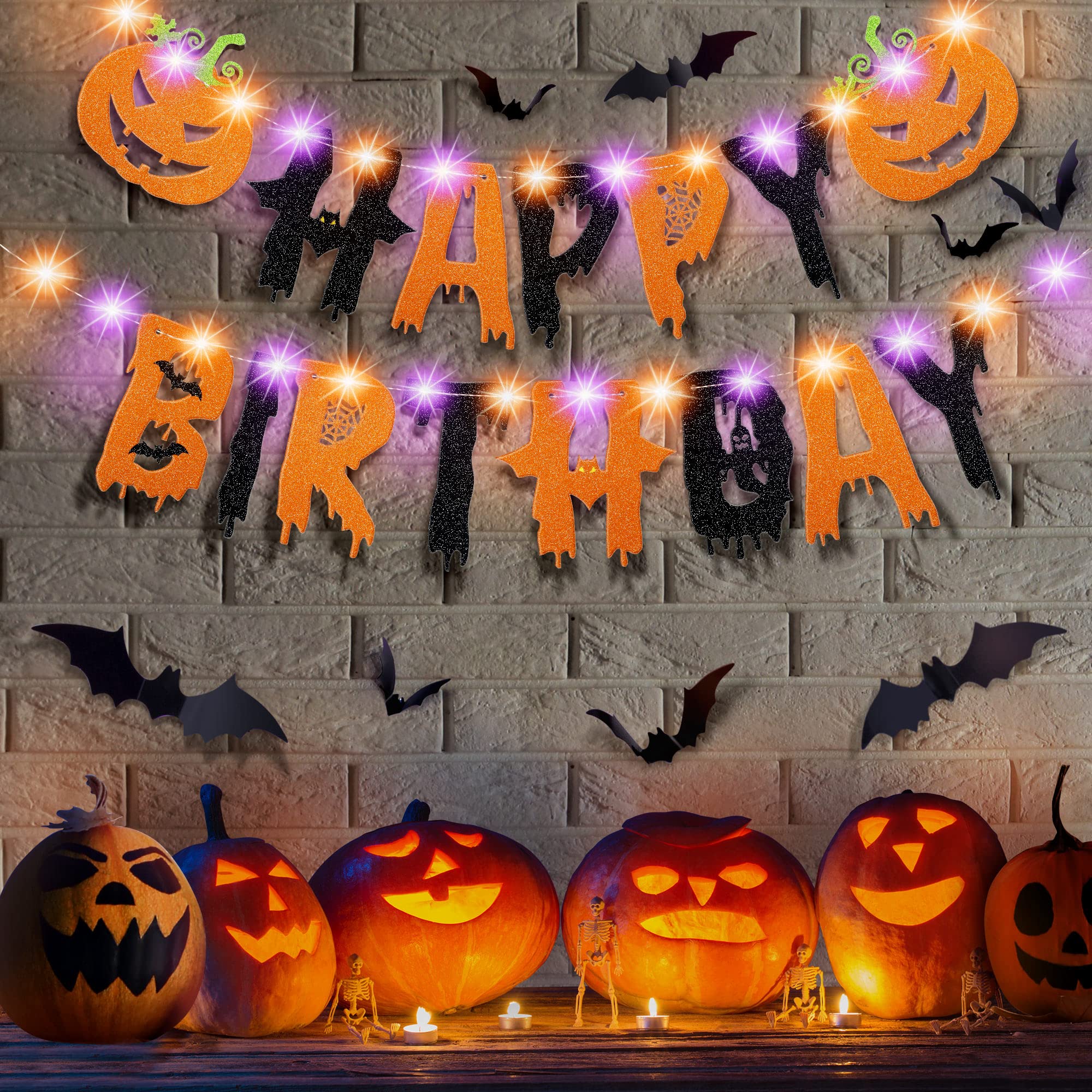 Halloween Happy Birthday Banner Party Decoration, Glitter Purple and Orange Halloween Birthday Garland, Ghost Bat Pumpkin Themed Decor with 8 Mode LED String Lights for Party Supplies