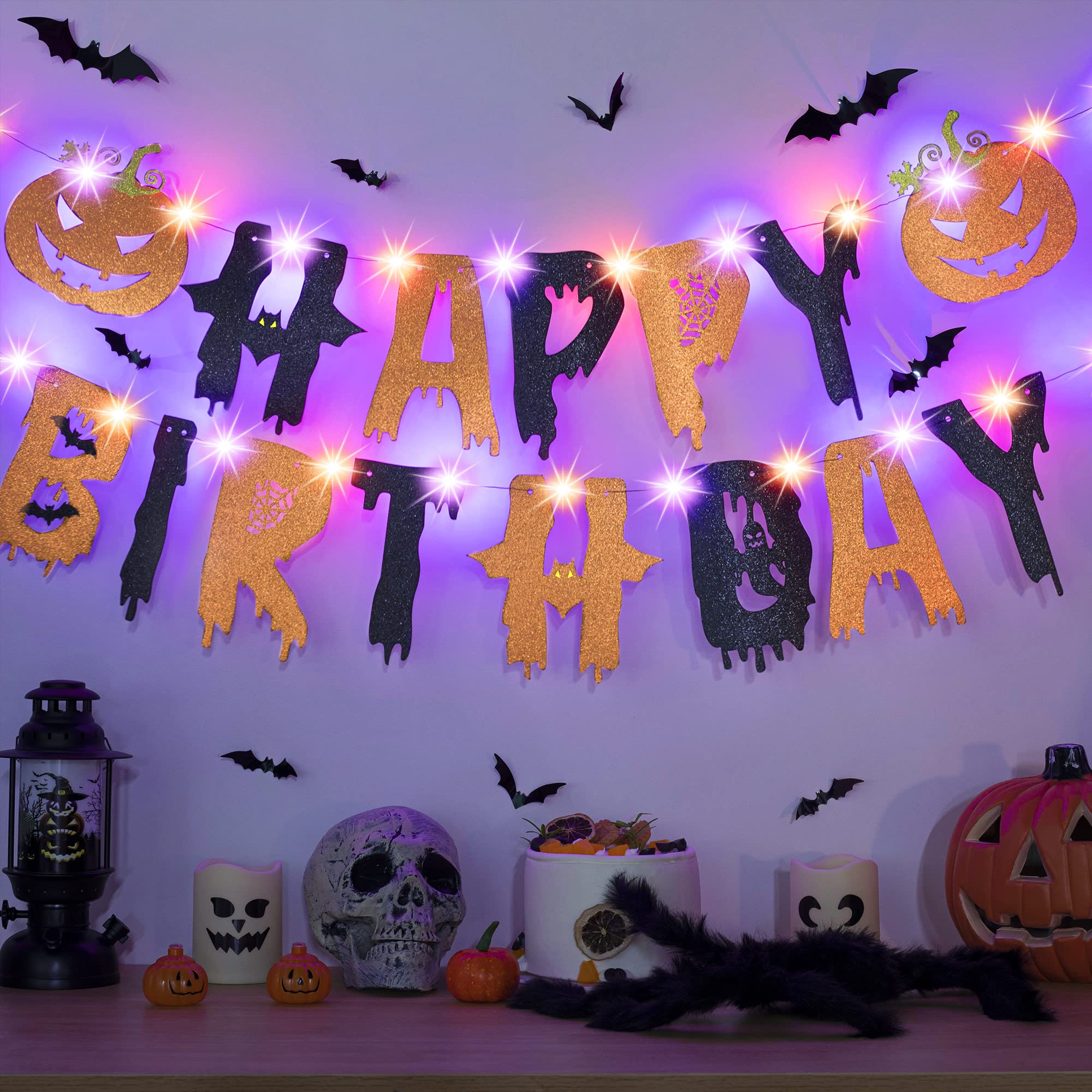 Halloween Happy Birthday Banner Party Decoration, Glitter Purple and Orange Halloween Birthday Garland, Ghost Bat Pumpkin Themed Decor with 8 Mode LED String Lights for Party Supplies