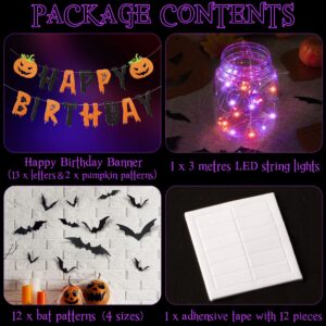 Halloween Happy Birthday Banner Party Decoration, Glitter Purple and Orange Halloween Birthday Garland, Ghost Bat Pumpkin Themed Decor with 8 Mode LED String Lights for Party Supplies