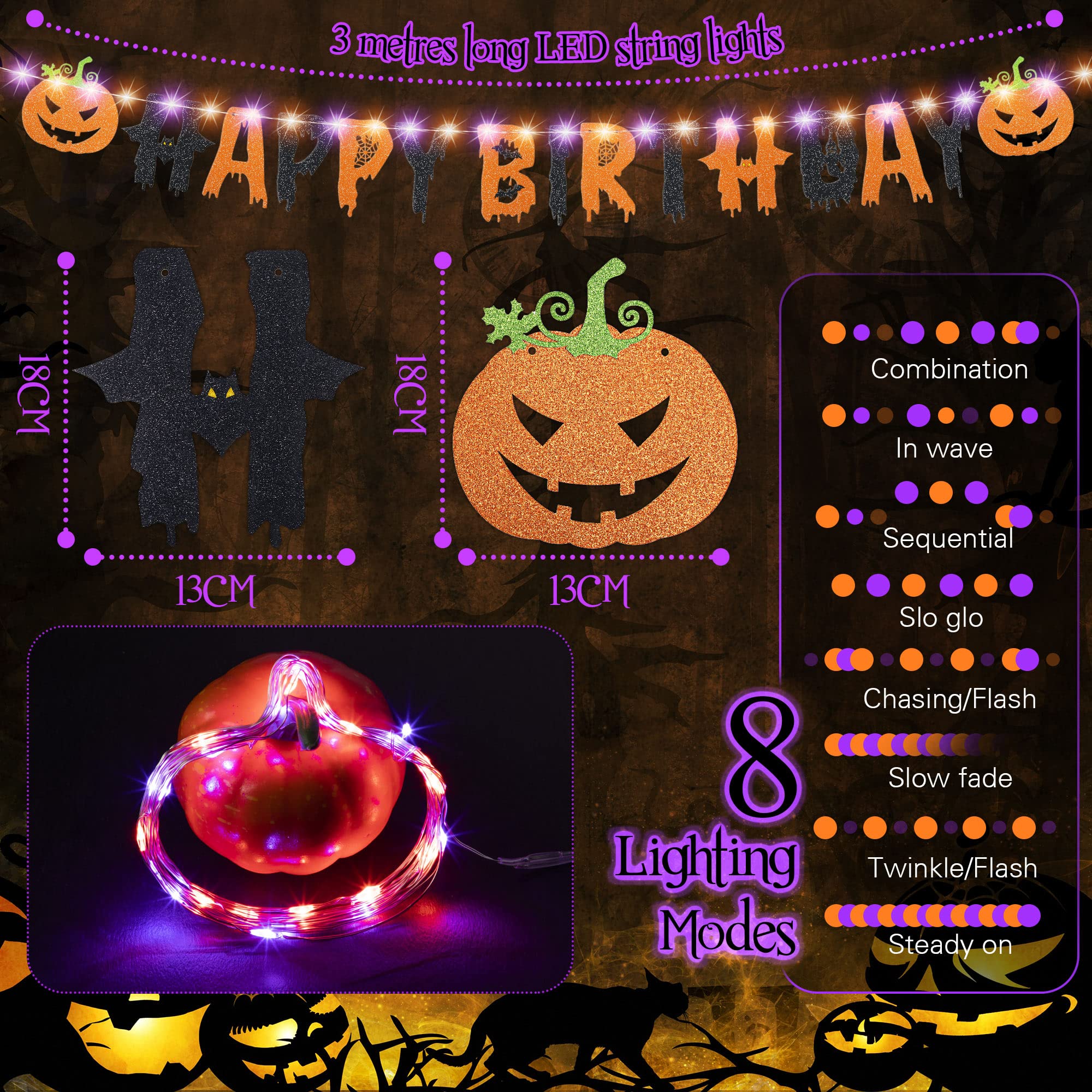 Halloween Happy Birthday Banner Party Decoration, Glitter Purple and Orange Halloween Birthday Garland, Ghost Bat Pumpkin Themed Decor with 8 Mode LED String Lights for Party Supplies