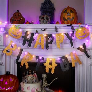 Halloween Happy Birthday Banner Party Decoration, Glitter Purple and Orange Halloween Birthday Garland, Ghost Bat Pumpkin Themed Decor with 8 Mode LED String Lights for Party Supplies