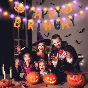 Halloween Happy Birthday Banner Party Decoration, Glitter Purple and Orange Halloween Birthday Garland, Ghost Bat Pumpkin Themed Decor with 8 Mode LED String Lights for Party Supplies