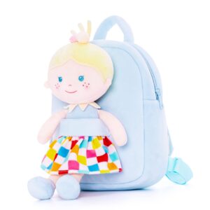 onetoo toddler kids backpack with soft baby dolls in plaid dress 9.5"