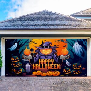 trgowaul happy halloween decorations, happy halloween garage door decorations, large halloween pumpkin ghost banner backdrop, halloween outdoor party supply photography background sign poster 6x13ft