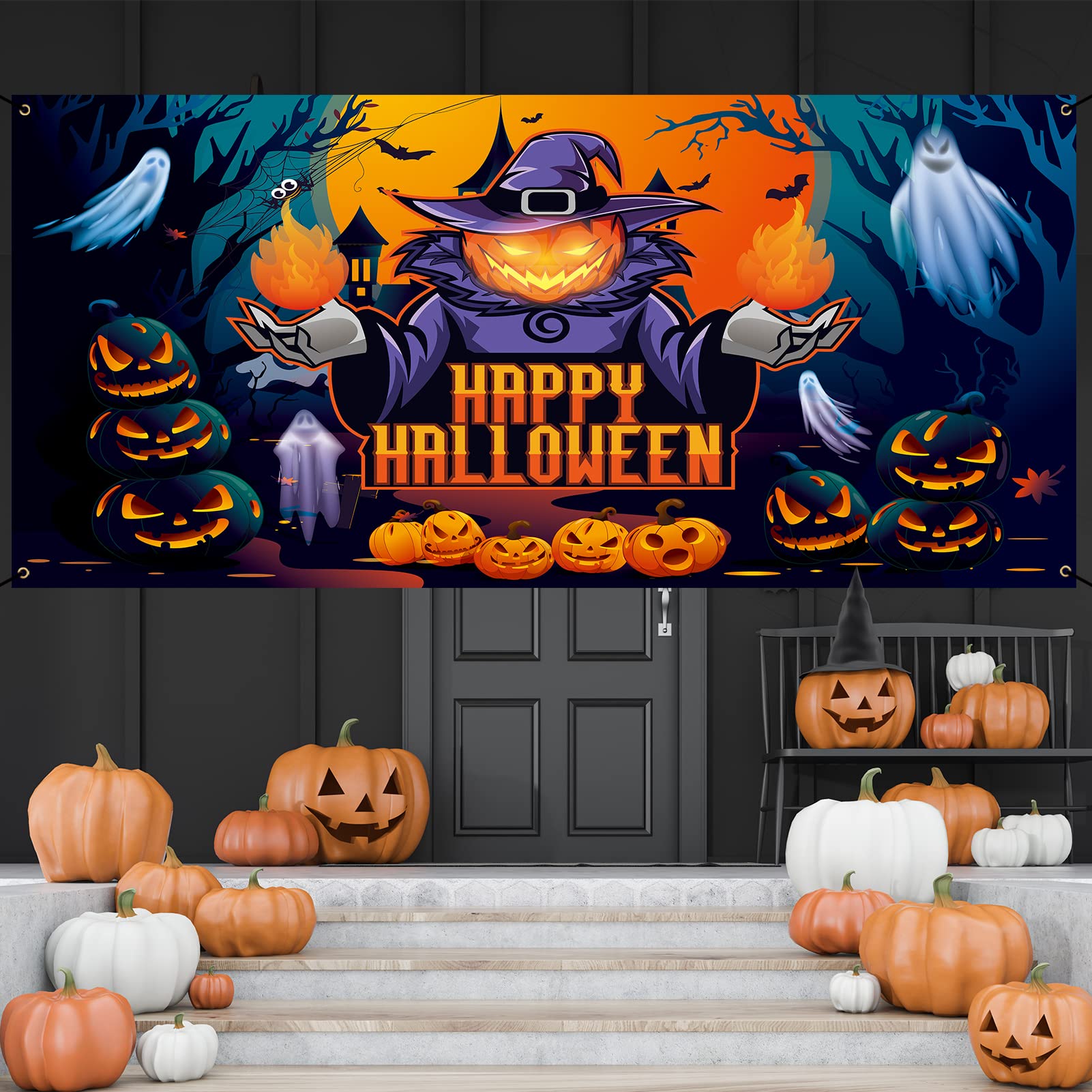 Trgowaul Happy Halloween Decorations, Happy Halloween Garage Door Decorations, Large Halloween Pumpkin Ghost Banner Backdrop, Halloween Outdoor Party Supply Photography Background Sign Poster 6x13ft