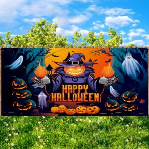 Trgowaul Happy Halloween Decorations, Happy Halloween Garage Door Decorations, Large Halloween Pumpkin Ghost Banner Backdrop, Halloween Outdoor Party Supply Photography Background Sign Poster 6x13ft