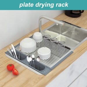 AIANDE Roll Up Dish Drying Rack 17x16.4 inch with 2 Extra Foldable Utensil Holder, 304 Stainless Steel Roll Over Sink Dish Drying Rack for Kitchen, Anti-Slip Silicone Dish Drying Rack