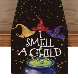 artoid mode i smell a child wizzard hat witch vibes halloween table runner, holiday fall kitchen dining table decoration for home party decor 13x72 inch
