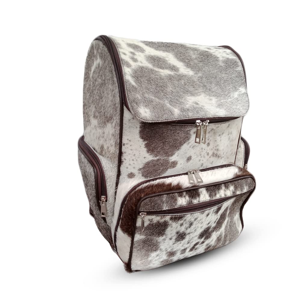 Cowhide Backpack Hair On | Fur Leather Diaper Backpack Rucksack / Knapsack Travel Shoulder Bag / Cow Skin Baby Bags (Grey White Backpack), 9'' D X 10.5'' W X 15'' H