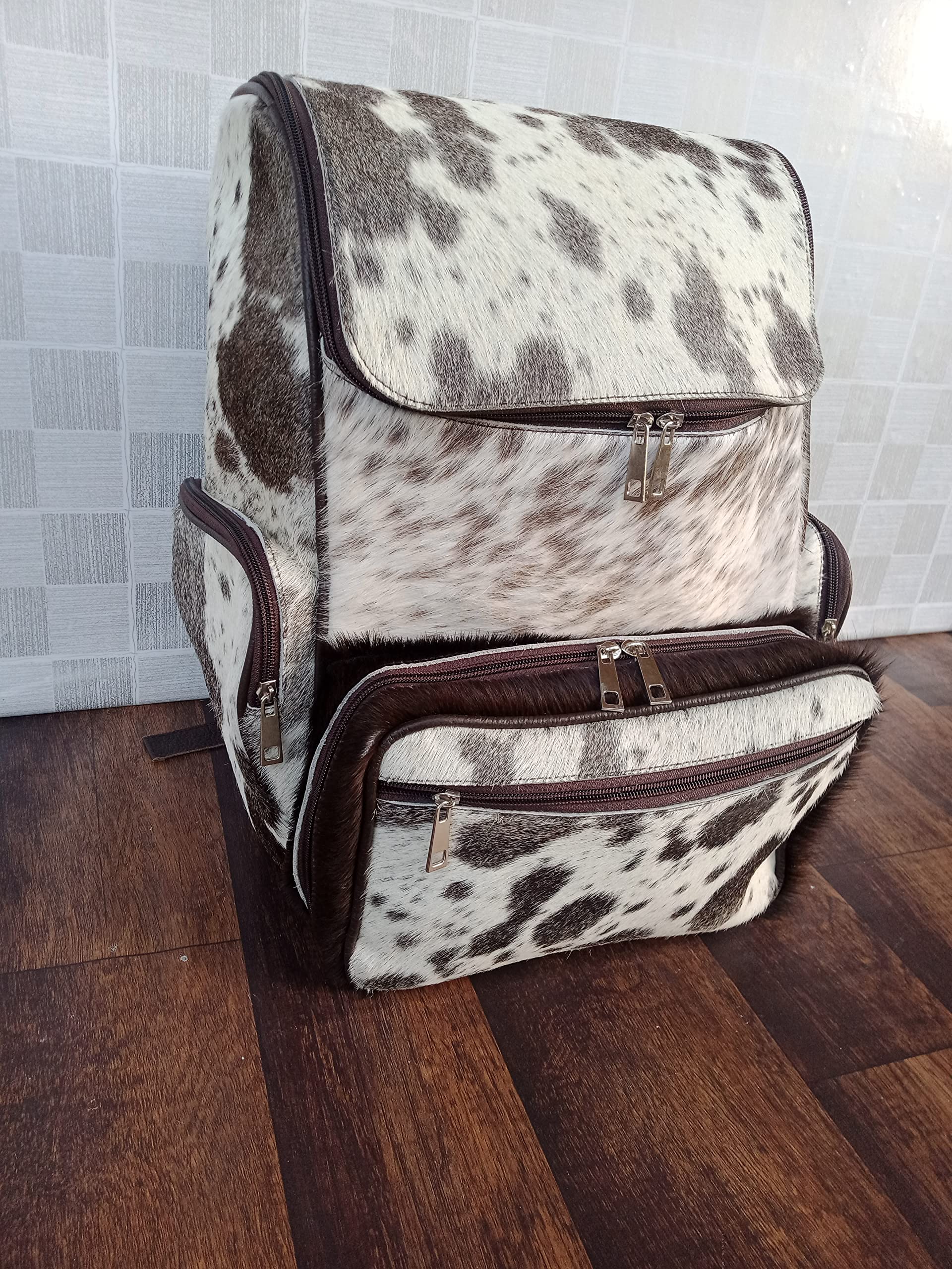 Cowhide Backpack Hair On | Fur Leather Diaper Backpack Rucksack / Knapsack Travel Shoulder Bag / Cow Skin Baby Bags (Grey White Backpack), 9'' D X 10.5'' W X 15'' H