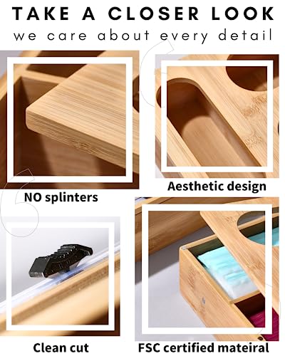 KUNABOO Bamboo Storage Bags Organizer, 5 Boxes Set Drawer Organizer for Plastic Storage Bags and Foil Plastic Wrap Cutter Dispenser (FSC Certified eco-Friendly Bamboo), Sandwich Bag Organizer