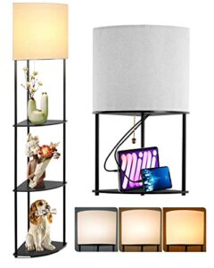 ai car fun modern floor lamps for living room, dimmable tall standing lamp with usb & c charging port and 3 color temperatures led bulb, corner shelf lamp with shelves black floor lamps for bedroom