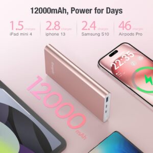 EnergyQC Pilot 5GS Portable Charger,12000mAh Fast Charging Power Bank Dual 3A High-Speed Output Battery Pack Compatible with iPhone 12 11 X Samsung S10 and More (5GS-Rose)