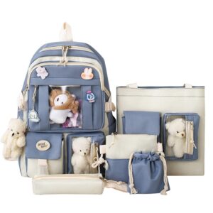 aonuowe 5 pcs cute aesthetic backpack set for school teens, 3 plushies & 5 pins & cards kawaii backpack with accessories (blue)