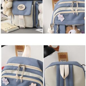 AONUOWE 5 pcs Cute Aesthetic Backpack Set for School Teens, 3 Plushies & 5 Pins & Cards Kawaii Backpack with Accessories (Blue)