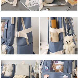 AONUOWE 5 pcs Cute Aesthetic Backpack Set for School Teens, 3 Plushies & 5 Pins & Cards Kawaii Backpack with Accessories (Blue)