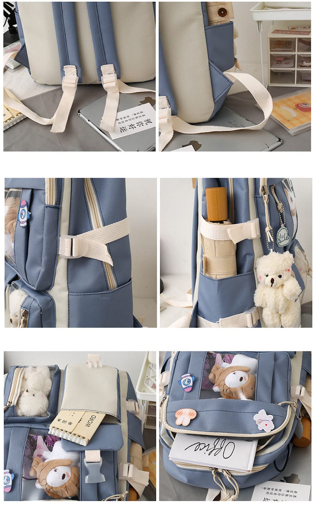 AONUOWE 5 pcs Cute Aesthetic Backpack Set for School Teens, 3 Plushies & 5 Pins & Cards Kawaii Backpack with Accessories (Blue)