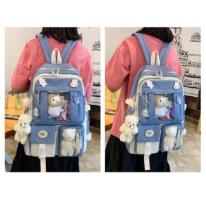 AONUOWE 5 pcs Cute Aesthetic Backpack Set for School Teens, 3 Plushies & 5 Pins & Cards Kawaii Backpack with Accessories (Blue)