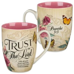 christian art gifts ceramic scripture coffee & tea mug for women, 12 oz inspirational bible verse - trust in the lord - proverbs 3:5 w/gold accents, rose floral cute butterfly, pink/tan