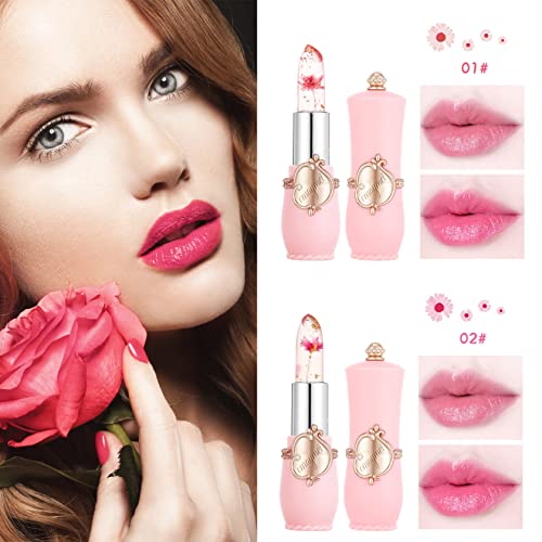 LZYLLS 2 Pack Crystal Jelly Flower Lipstick,Magic Temperature Color Change Lip Gloss Lip Stick PH Clear Magic Lipstick Long Lasting Nutritious Moisturizing Lip Balm（Set A）