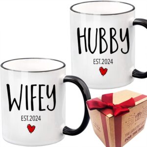 est 2024 husband wife mug gift, mr mrs mug wedding gift, engagement wedding gift for couple, anniversary valentine’s day mug gift for couples, bride groom gift for wedding(black handle)