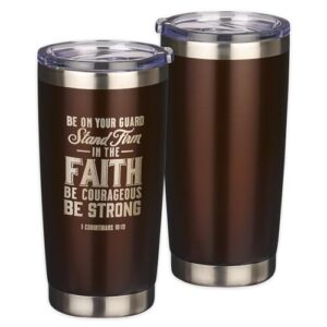christian art gifts stainless steel double wall vacuum insulated tumbler 18 oz brown travel mug with retractable lid for women & men inspirational bible verse - stand firm -1 corinthians 16:13