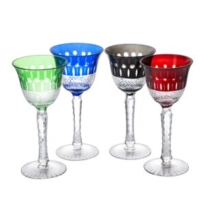 the wine savant crystal italian multicolor design glasses -set of 4 tall wine glasses 6.7oz 7.7" h venetian italian style red, blue, green, brown glasses, great for dinner parties, bars & weddings