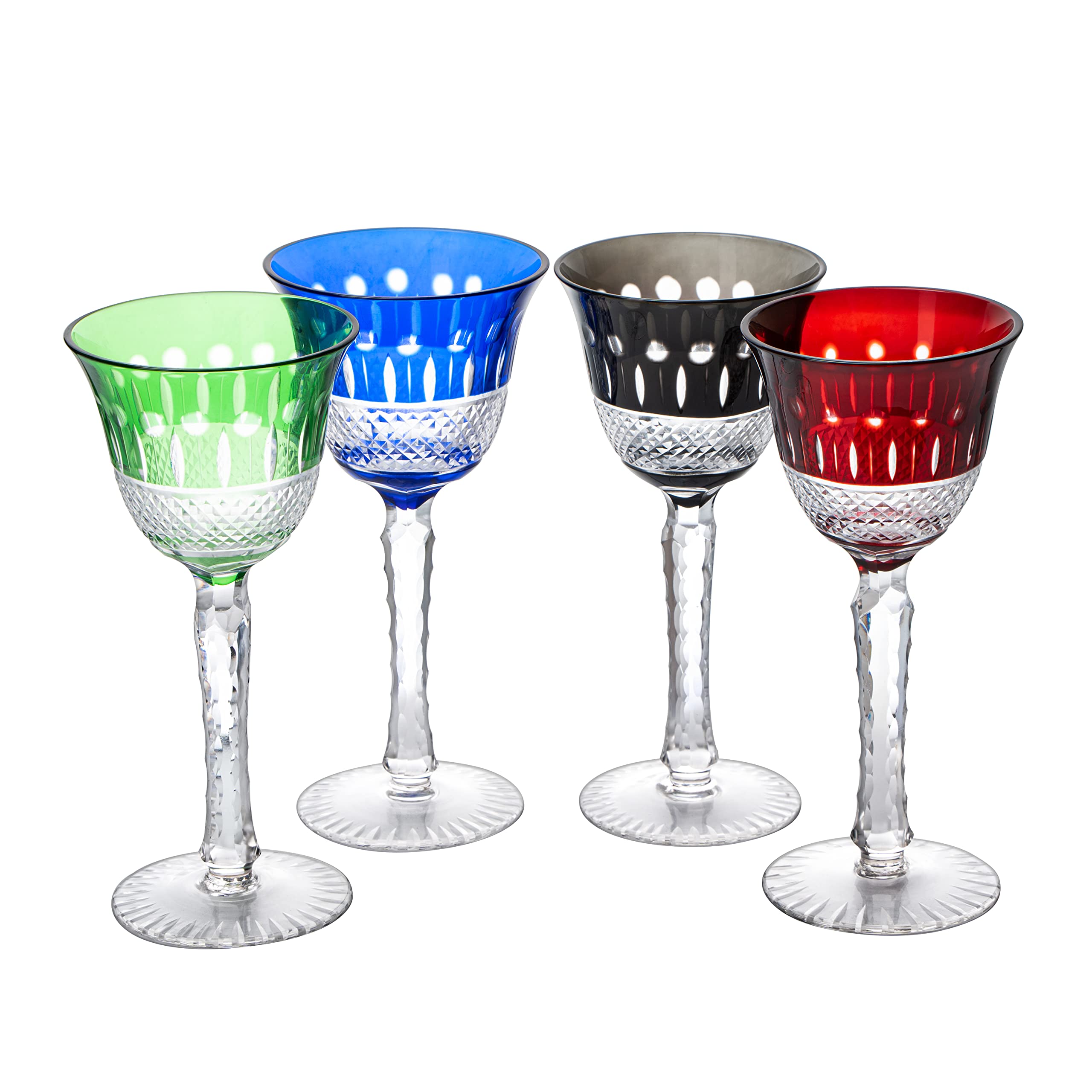 The Wine Savant Crystal Italian Multicolor Design Glasses -Set of 4 Tall Wine Glasses 6.7oz 7.7" H Venetian Italian Style Red, Blue, Green, Brown Glasses, Great for Dinner Parties, Bars & Weddings