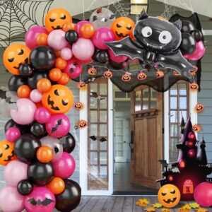 AobkDeco 111Pcs Halloween Balloon Garland Arch Kit with Black Orange Latex Balloons hot pink Balloons Spider Web Cute bats for Halloween Party Decoration Halloween Kids' Birthday Party Supplies