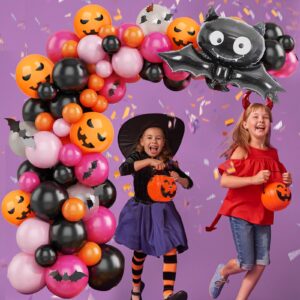 AobkDeco 111Pcs Halloween Balloon Garland Arch Kit with Black Orange Latex Balloons hot pink Balloons Spider Web Cute bats for Halloween Party Decoration Halloween Kids' Birthday Party Supplies