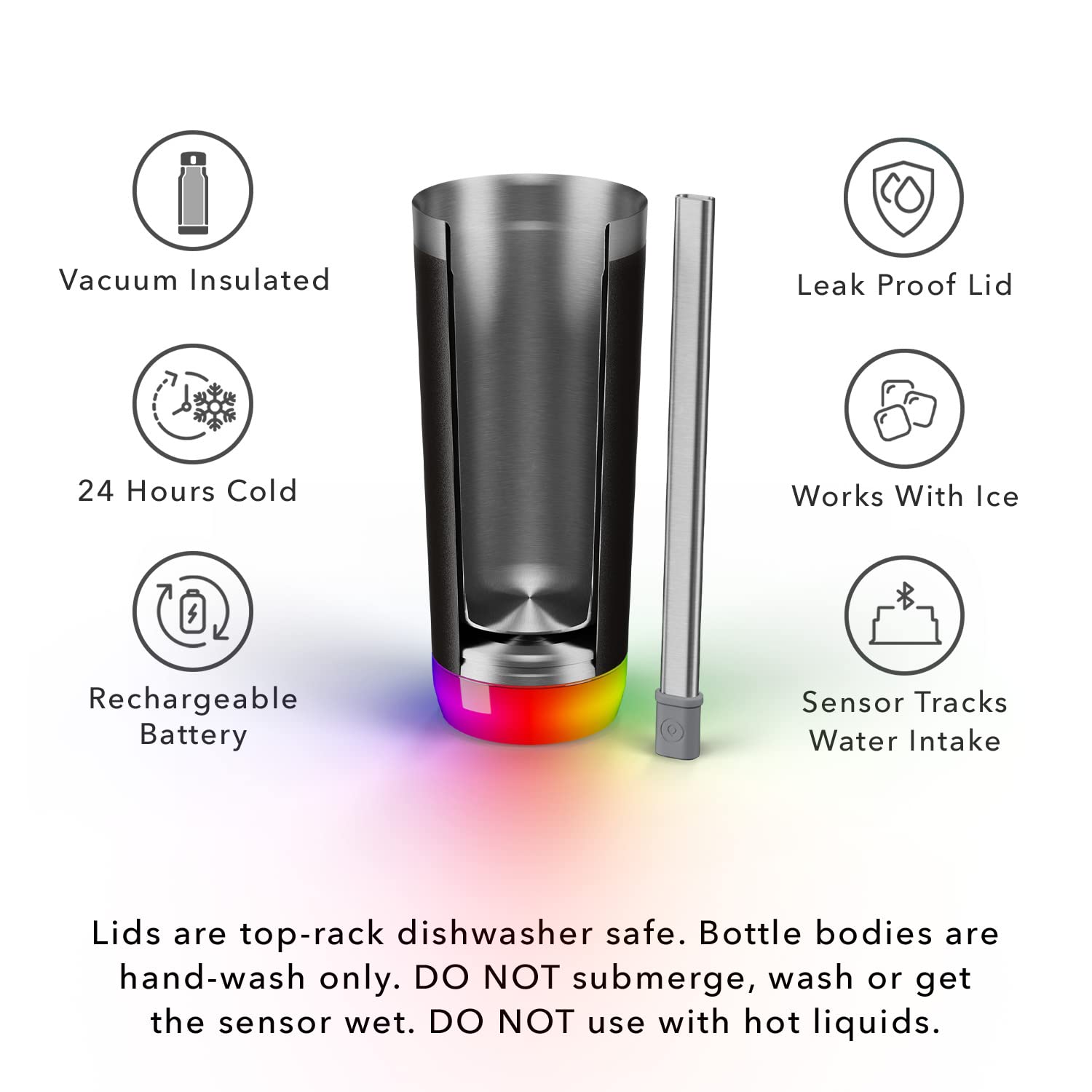 Hidrate Spark PRO Smart Tumbler – Insulated Stainless Steel – Tracks Water Intake with Bluetooth, LED Glow Reminder When You Need to Drink – 20oz, Black