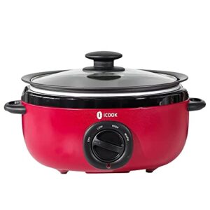icook usc-35-op001rd 3.5 quart slow cooker,aluminium sear/sauté stew pot stovetop safe,dishwasher safe,glass lid,adjustable temp,food warmer,red