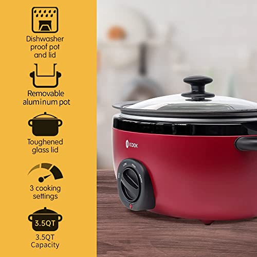 ICOOK USC-35-OP001RD 3.5 Quart Slow Cooker,Aluminium Sear/Sauté Stew Pot Stovetop safe,Dishwasher Safe,Glass Lid,Adjustable Temp,Food Warmer,Red