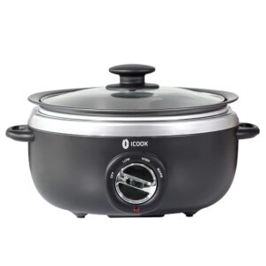 icook usc-65-op001bk 6.5 quart slow cooker,aluminium sear/sauté stew pot stovetop safe,dishwasher safe,glass lid,adjustable temp,food warmer(black)