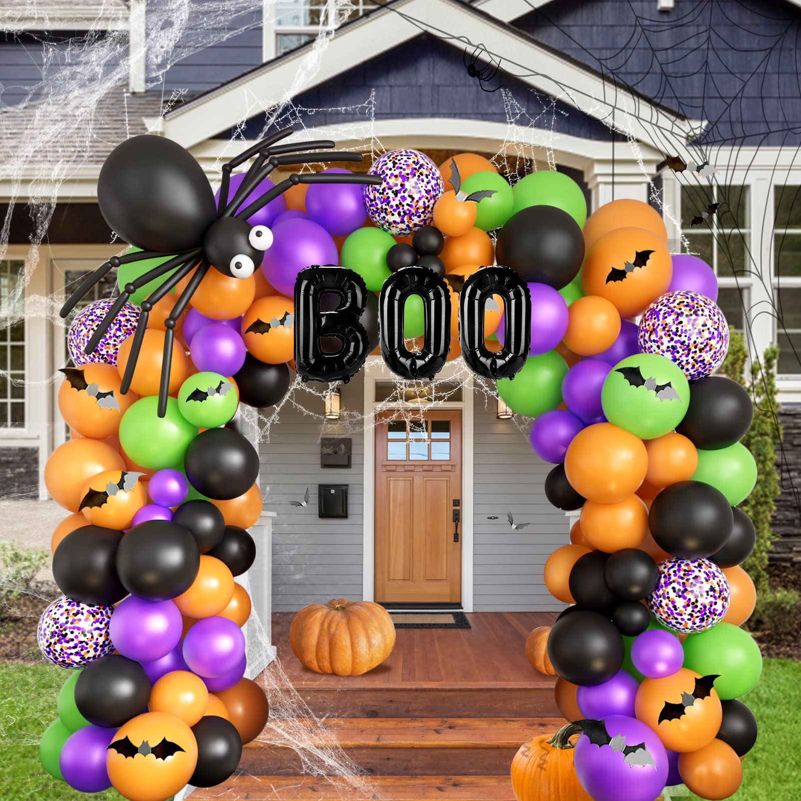 Halloween Balloons Garland Arch Kit DIY Halloween Party Supplies with BOO Foil Balloon Spider Balloon Black Orange Purple Fruit Green Confetti Balloon for Halloween Day Party Decorations