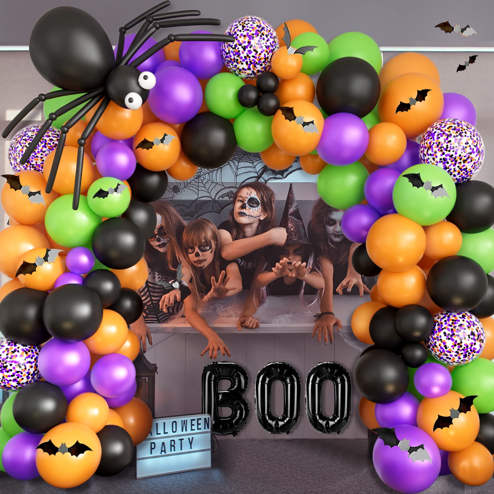 Halloween Balloons Garland Arch Kit DIY Halloween Party Supplies with BOO Foil Balloon Spider Balloon Black Orange Purple Fruit Green Confetti Balloon for Halloween Day Party Decorations