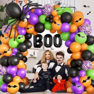 Halloween Balloons Garland Arch Kit DIY Halloween Party Supplies with BOO Foil Balloon Spider Balloon Black Orange Purple Fruit Green Confetti Balloon for Halloween Day Party Decorations