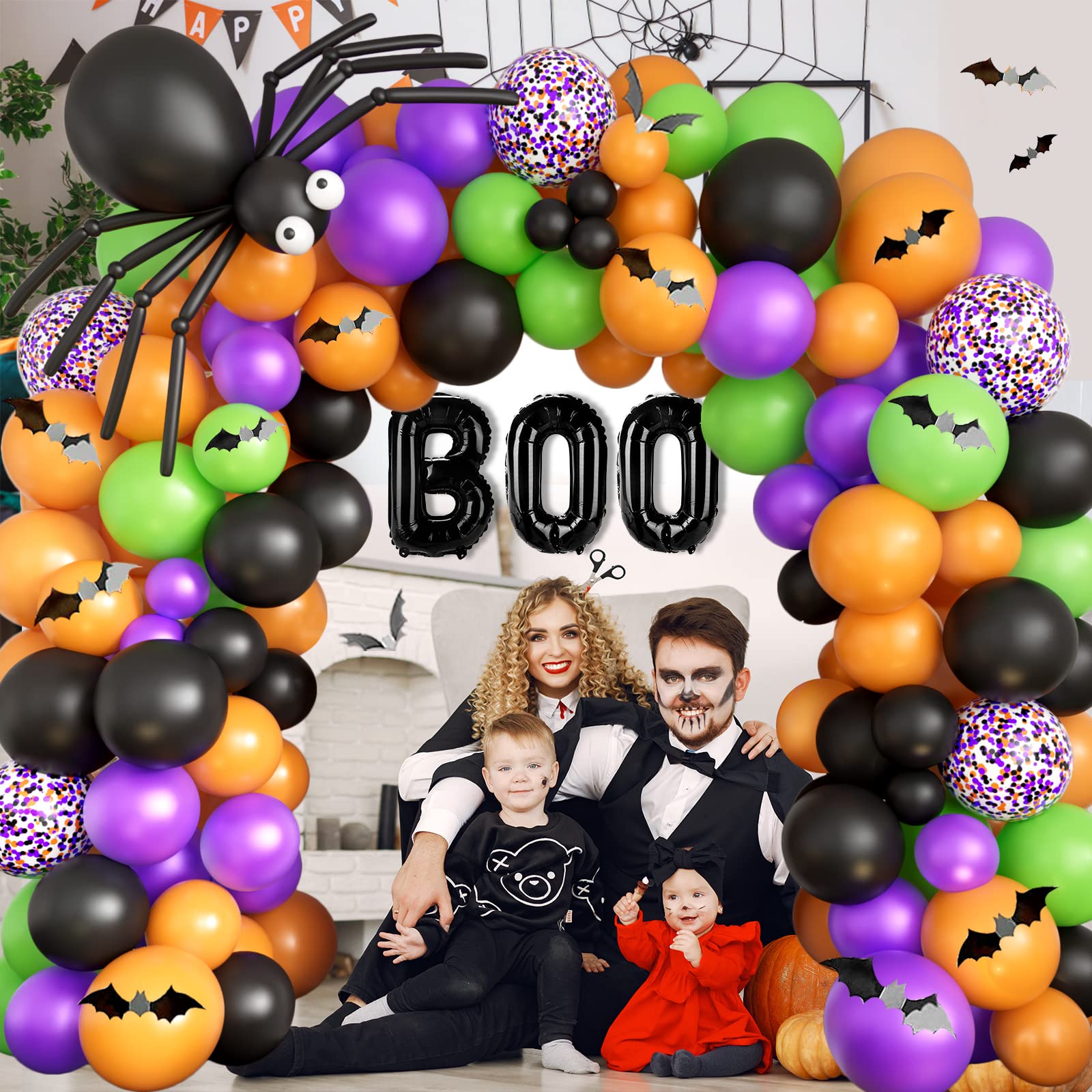 Halloween Balloons Garland Arch Kit DIY Halloween Party Supplies with BOO Foil Balloon Spider Balloon Black Orange Purple Fruit Green Confetti Balloon for Halloween Day Party Decorations