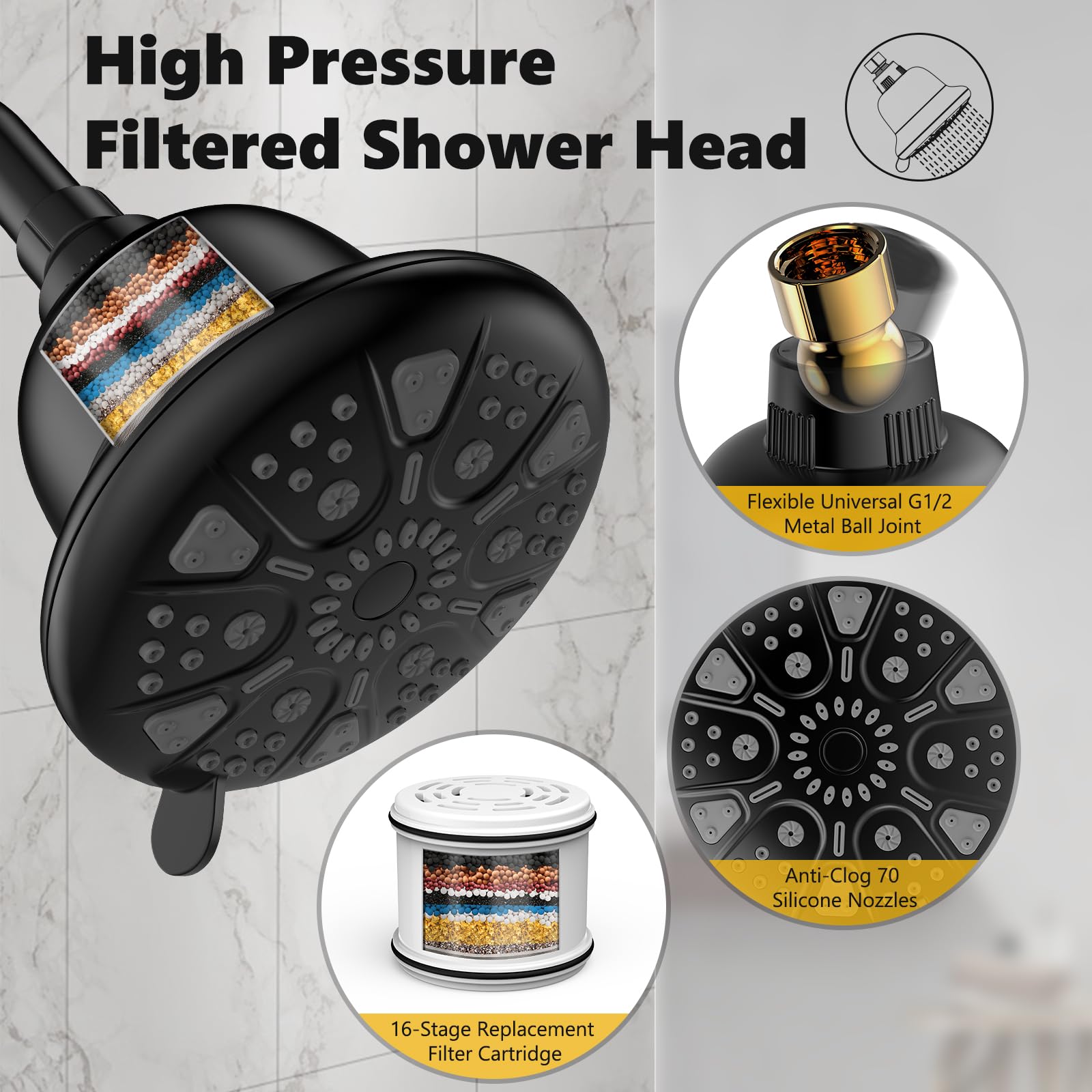 DAKINGS Filtered Shower Head, High Pressure 16-Stage Shower Head Filter for Hard Water Luxury 7 Settings Adjustable Water Softener Shower Head Remove Chlorine and Harmful Substances